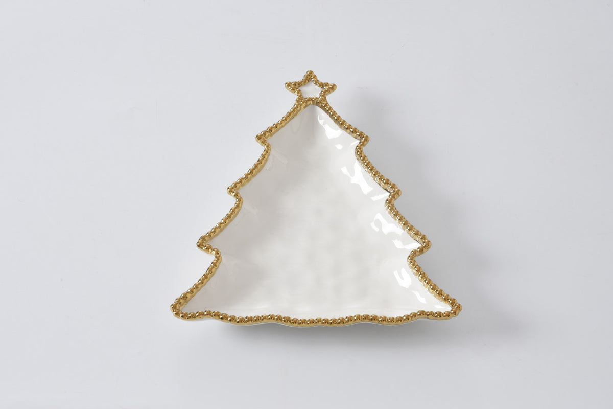 Christmas Tree Platter W/gold pearled edges