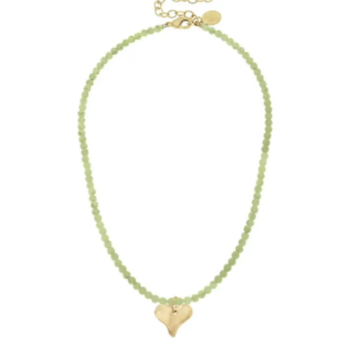 Gold Heart on Light Green Beaded Necklace