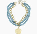 Gold Coin on 3 Row Genuine Matte Turquoise Necklace