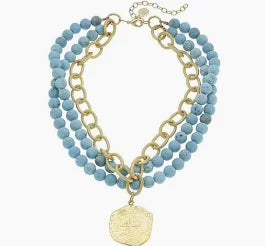 Gold Coin on 3 Row Genuine Matte Turquoise Necklace