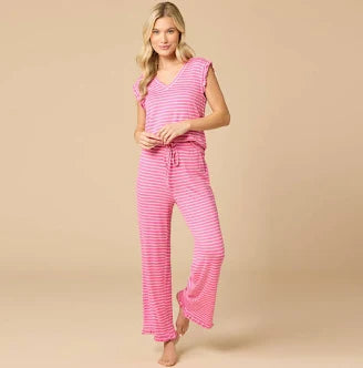 Fuchsia Stripe Dream Ruffle V-Neck with Cropped Pant