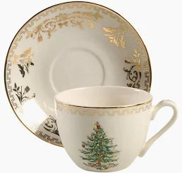 Gold Christmas Tree Teacup & Saucer